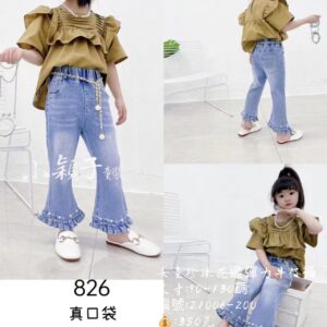 【台灣現貨】中小童 女童珍珠花邊彈力牛仔褲