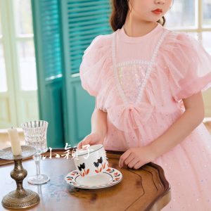 【台灣現貨】中大童 女童亮片V領蝴蝶紗裙 連衣裙